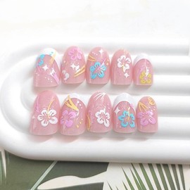 Oval Press on Nails Short Fake Nails White French Tip Nails Press ons Glossy Glue on Nails Cute False Nails with Glitter Colorful Flowers Stars Dot Lines Designs Pink Stick on Nails for Women 24Pcs