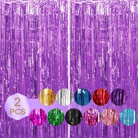 2Pcs 3ft x 6.56Ft Purple Tinsel Glitter Curtain, Metallic Tinsel Curtains Rainbow Foil Fringe Curtains for Photo Backdrop Door Wall Hanging Window Curtain Party Office Decoration