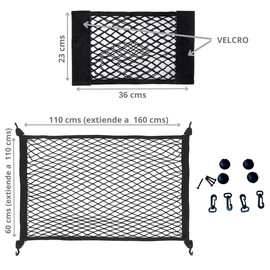 TIENDIFY Mesh Car Trunk Size 90 x 60 cm Extendable up to 160 x 110 cm + Elastic Storage Bag for Small Parts Mesh Trunk with 4 Hooks for Car, Caravan and SUV