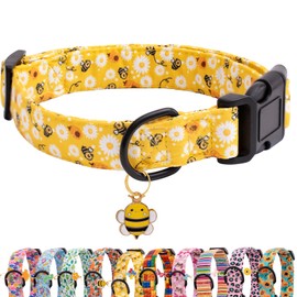 Faygarsle Dog Collar for Small Medium Large Dogs Yellow Puppy Collars for Female Dogs Floral Bee Daisy Patterned Pet Collars for Summer Spring Wedding Puppy Girl Dog Collar L