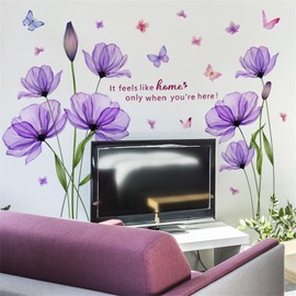 SMAOSTORE Purple Flower English Purple Flower Flower Butterfly Stylish Floral Large Blooming Plants Children's Room Entrance Hall Bedroom Kindergarten Living Room Bedroom Background Wall Sticker