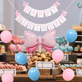 Pink Bow Happy Birthday Banner - Girls Birthday Party Decorations,Bow Theme Birthday Garland Photo Props,Happy Birthday Pink Banner For Little Princess,Pink Bow Wall Hanging Banner