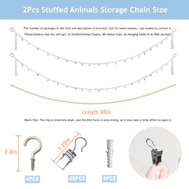 2Pcs Stuffed Animals Storage Chain 80" Hanging Organizer with 40 Metal Clips Stuffed Animal Display Holder Macrame Stuffed Animal Chain Decor Hanger for Nursery Playroom Wall Corner