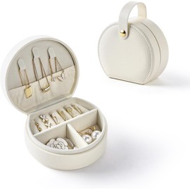 Jewelry Box Travel,Portable Jewelry Box Small,Round Organizer PU Leather with Hand,Jewelry Boxes for Women Girls for Rings Earrings Necklaces Bracelets,Prenset for Birthday Wedding Christmas (White)