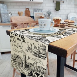 Rustic Winter Farmhouse Linen Table Runner, Vintage Western Country Cottage Cow Print Animal Table Runner for Kitchen Dining Decor Banquet Restaurant Outdoor Home Party Decor 13X72inches