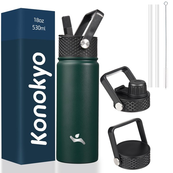 Konokyo Insulated Water Bottle with Straw,18oz 3 Lids Metal Bottles