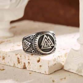 HZMAN Norse Viking Valknut Ring for Men Stainless Steel Vintage Odin Symbol Warrior Amulet Ring, 12, Metal, No Gemstone