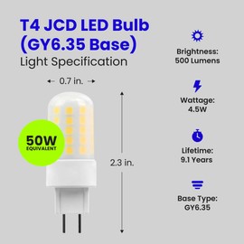 Feit Electric 50-Watt Equivalent, T4 LED Light Bulb, GY6.35 Bi-Pin Base, Dimmable, 3000k Warm White,120V for Chandeliers and Décor Light Fixtures, BP50JCD/830/LED