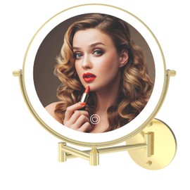MIROAMZ Rechargeable Wall Mounted Lighted Makeup Vanity Mirror 8 Inch Double Sided 1X 10X Magnifying Bathroom Mirror, 3 Color Lighting, Touch Screen Dimming, 360 Rotation Shaving Mirror Gold