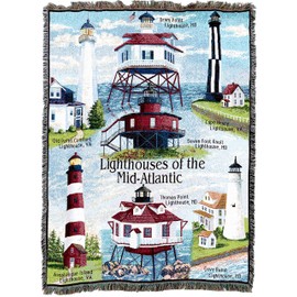 Pure Country Weavers Lighthouses of The Mid-Atlantic - Old Point, Drum Point, Seven Foot, Cape Henry, Assateague, Thomas Point, Cove Point - Blanket Throw Woven from Cotton - Made in The USA (72x54)