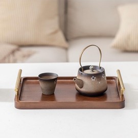 XZHXFX Bamboo Serving Tray with Gold Handles, Food Tray for Breakfast,Coffee Table,Dinner & Bar, Decorative Tray for Kitchen, Bedroom (Small)