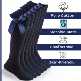 SUFFUSE 4 Pairs Girls Knee high School Socks Cotton Socks with Silky Ribbons Bow, Black Knee High Girls Socks, Back to School Party Wear, All Size with Multi-Colours