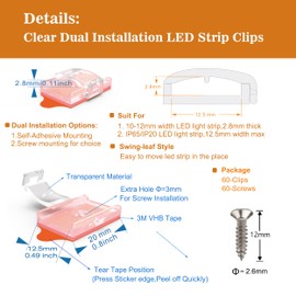 wiigd Dual-Mount LED Strip Light Clips - Self-Adhesive & Screw Fixing Brackets Indoor LED Strips Holder for 10-12mm(0.39-0.49inch) Wide/2.4-2.8mm(0.09-0.11inch) high LED Strip(60 Clips + 60 Screws)