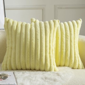 Mandioo Pack of 2 Decorative Throw Pillow Covers Faux Fur Striped Plush Soft Cushion Covers Pillow Cases Bedroom Living Room Sofa Home 18x18 Inch 45 x 45 cm Yellow
