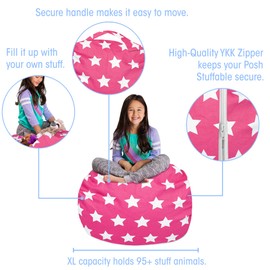 Posh Creations Kids Stuffed Animal Storage Bean Bag Chair Cover - Childrens Toy Organizer, Large-38in, Canvas White Stars on Pink
