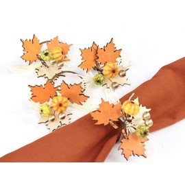 Angel Isabella Fall Themed Napkin Rings - Harvest Maple Wood & Pumpkin Cloth Napkin Holder for Table Setting - Fall Banquet, Thanksgiving, Christmas or Wedding Table Decor (8pc, Harvest Wood)