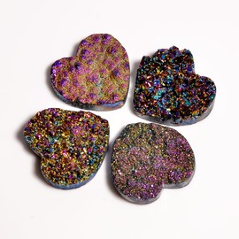 GEMKORA (4 pcs) Titanium Quartz Druzy Heart Gemstones, Home, Office, Living Kitchen, Room Decor, Loose Gems, DIY, Wire Wrapping, Reiki, Wikka, Healing Crystals, Bulk Deal 25-30 MM