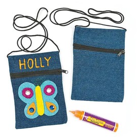 Baker Ross Denim Shoulder Bags (Pack of 4) Blank Zipper Denim Shoulder Bags for Kids Decorating Blue