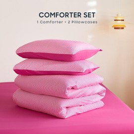 Wake In Cloud - Striped Comforter Set, Ticking Stripe Vertical Pinstripe Neutral Farmhouse Pattern Printed, Soft Lightweight Bedding, 3 Pieces, Hot Pink White, Full Size