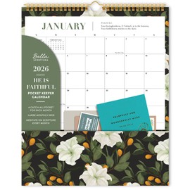 He Is Faithful - 2026 Pocket Keeper Wall Calendar, monthly wall calendar, January 2026 - December 2026, 11.75” x 14.25”​ wall calendar, golden twin wire binding, premium paper, illustrated floral designs, Bible Verses, legacy standard Bible, lsb