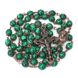 Nazareth Store Vintage Design Rosary Natural Stone Beads 8mm Necklace Holy Soil Medal & Cross Crucifix Religious Rosaries Terra Santa Jerusalem Collection (Malachite)