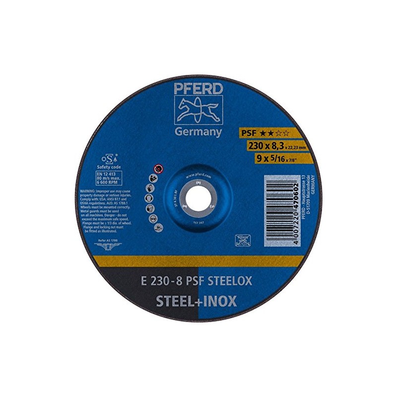 Pferd E2308A30MPSFINOX A30MPSF Reinforced Grinding Wheel, Multi-Colour, 230 x 8