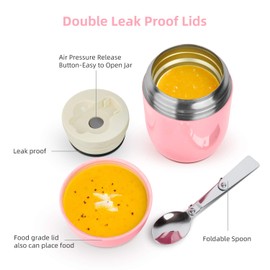 WayEee Food Flask, Food Flask for Hot Food Stainless Steel Food Jar with Folding Spoon-450ml (Pink)