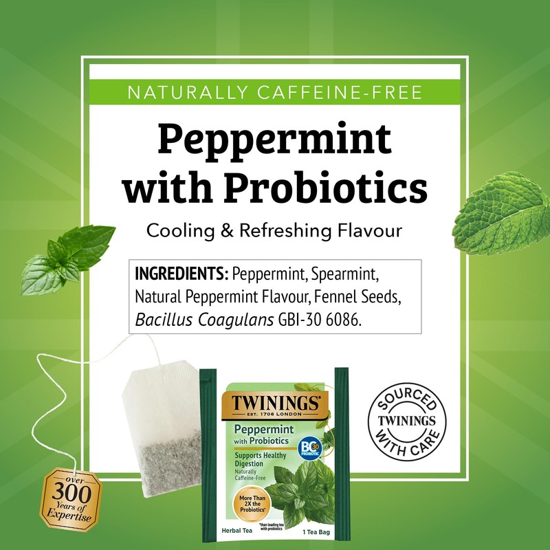 Twinings Superblends Peppermint with Probiotics Herbal Tea, 18 Count (Pack