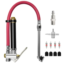 MEANLIN Measure URE - Inflador de neumáticos de alta resistencia con medidor de presión de 120 PSI, manguera de 15 pulgadas y herramientas de válvula de neumático para camión, motocicleta, bicicleta