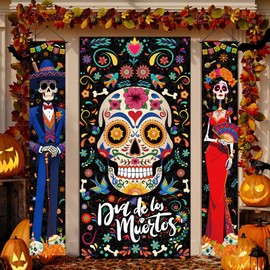 Day of the Dead Porch Banner Set - 3PCS Sugar Skull Dia de Muertos Door Decorations with Poles, Mexican Fiesta Altar Signs for Halloween Home Party, 70.9'' x 11.8''