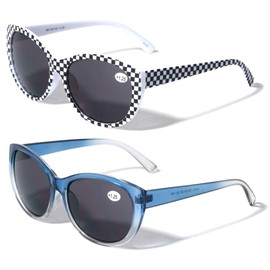 V.W.E. 2 Pairs Women Bifocal Reading Sunglasses Reader Glasses Cateye Vintage Jackie Oval (1 Checker 1 Blue, 1.50)