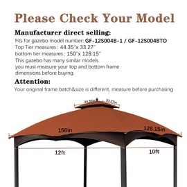 Ripstop Rust Red Ripstop Replacement Top for Lowe's Allen Roth 10X12 Gazebo Model #GF-12S004B-1/ GF-12S004BTO
