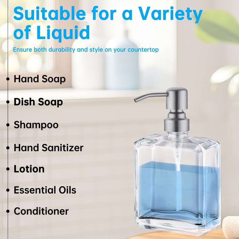 Rzoeox Clear Glass Soap Dispenser with Brushed Nickel Pump, 13.5