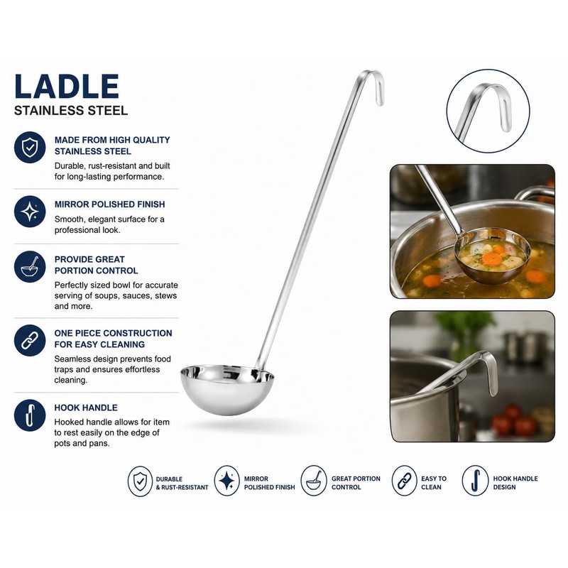 Stainless Steel Soup Ladle with Long Handle, 0.5-16 oz Capacity,