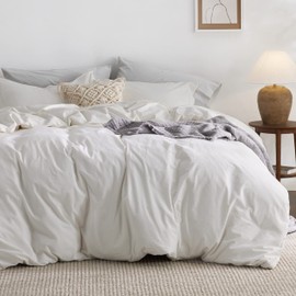 Bedsure 100% Washed Cotton Duvet Cover Queen Size - Cream White Minimalist Cotton Duvet Cover for All Seasons - 3 Pieces Plain Simple Cotton Duvet Cover Set with 2 Pillow shams (White, Queen, 90"x90")