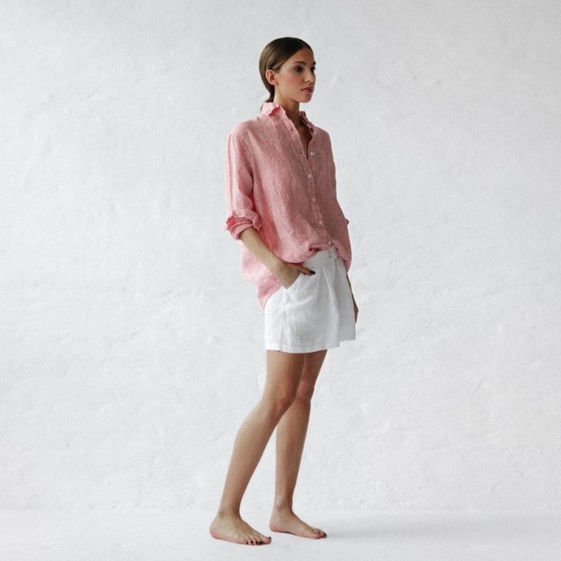 Seaside Tones Linen Striped Shirt - Red, L/XL