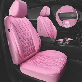 CAR PASS Piping Luxury Leather Two Front Car Seat Covers, Cute Girly Waterproof Anti Slip Seat Covers Compatible with Front Seat Armrests,Universal Fit for Suvs,Vans,Trucks,Airbag Compatible(All Pink)