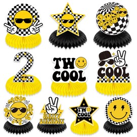 Two Cool Birthday Party Decorations Boy - 10 Pcs Smiley Face Lightning Star Checkered Two Cool Honeycomb Centerpieces for Table Decorations, Prefect for 2nd birthday decorations for boys