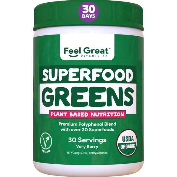 Feel Great Vitamin Co. Superfood Greens - Premium Polyphenol Blend with Over 30 Greens and Superfoods, Green Superfood Powder with Powdered Vegetables, Organic Greens & Fruits 30 Servings, Very Berry