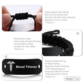MAXZOOL BLOOD THINNER Medical ID Bracelet for Women | Medical Alert Bracelets for Men | Adjustable Emergency ID Bracelet with Nylon Rope | Black Medical Bracelet