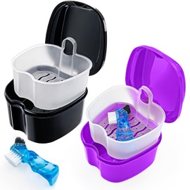 Keedolla Denture Box Case Orthodontic Dental Retainer False Teeth Holder with Strainer Basket, False Teeth Cleaning Container Retainer Cleaning Box Travel - Black and Purple