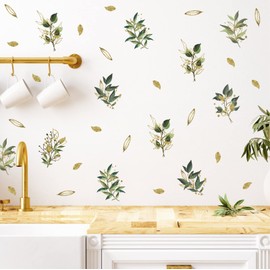 Gold Leaves Wall Sticker Modern Leaves Wall Decal for Living Room Green Leaf Walls Decals Peel and Stick Botanical Plant Walls Stickers Nordic Vinyl Art Decal for Bathroom Bedroom Kitchen Kids Room
