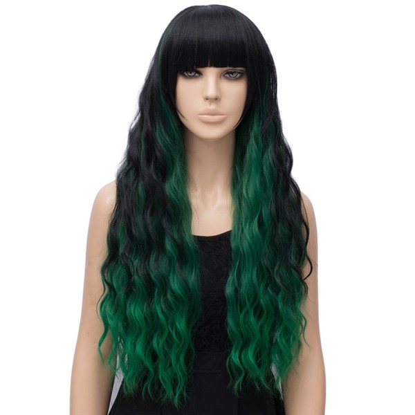 Netgo Women's Green Mixed Black Wig Long Fluffy Curly Wavy Hair Wigs for Girl Synthetic Party Wigs