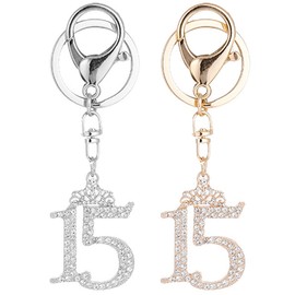 LUOZZY 2Pcs Rhinestone Number Keychain Sparkling 15 Key Ring 15 Number Charm Fashionable Key Pendant for Backpack Purse Hanging - Gold + Silver