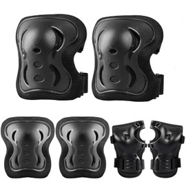 Plusawa Kids Knee Pads, Elbow Pads, Wrist Guards, Glow-in-the-Dark, Sports Protective Gear Set for Skateboard, Cycling, Roller Skates and Outdoor Activities 25-50 kg (Black, M)