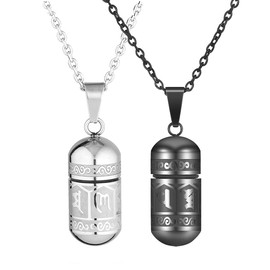 Zysta Stainless Steel Couple Pendant Ash Jewellery Memorial Urn Pendant Cartridge Chain Capsule Pendant Pair Necklace Engraving with Om Mani Padme Hum for Gift (Silver + Black)