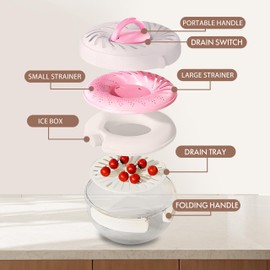 2025 New Fruit Washing Bowl with Strainer Lid and Handle,3 in 1 Multipurpose Drain Basket,Fruit and Vegetable Washer,Fruit Colander Storage Container for Refrigerator(Pink)