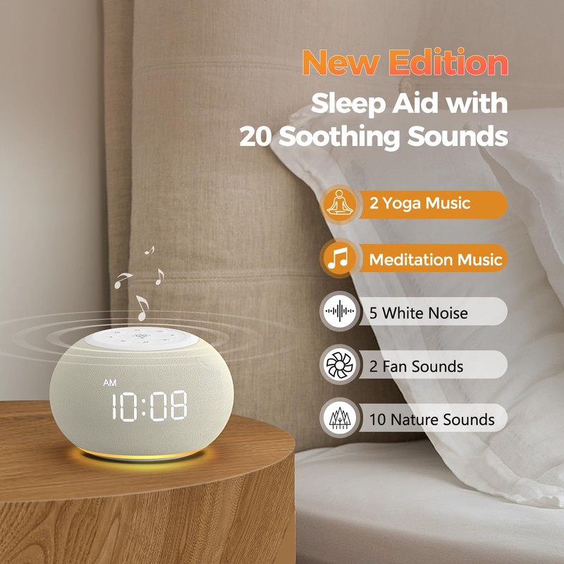 Reacher Auto-Dimmable Alarm Clock White Noise Machine with Night Light,