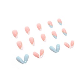 JUSTOTRY 24 Pcs Glitter Stiletto False Nails Short,Sky Blue French Press on Nails Pattern,Pretty Fake Nails Short with Nail Glue,Almond Stick on Nails for Women,Nails Fake Nail for Nails Art