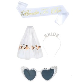 ExcellaElite Bride to Be Accessories Bride to Be Glasses 4-Piece Bridal Outfit Includes Sunglasses Ribbon Veil Headband Suitable for Bachelorette Party Wedding Bridal Shower Party Decoration